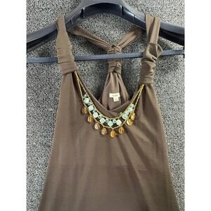 Studio Y Brown Halter Midi Dress Beaded Necklace Detail Womens Large L Brown